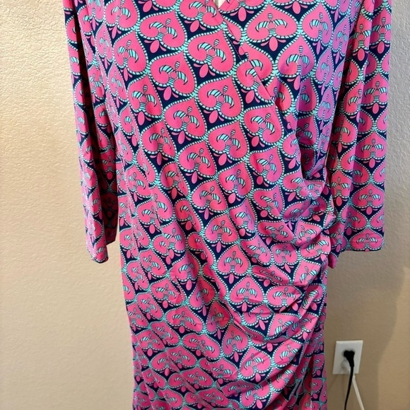 NWT Tracy Negoshian Dress XL Dolly Pink Navy Green Geometric Fleur de Lis Midi - Picture 3 of 15